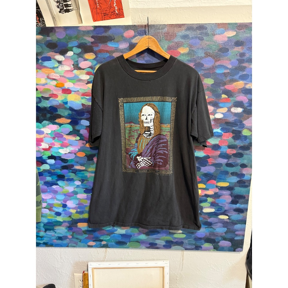 Vintage 1994 Bona Lisa Skeleton T Shirt  XL Black Single Stitch Mona Lisa Art